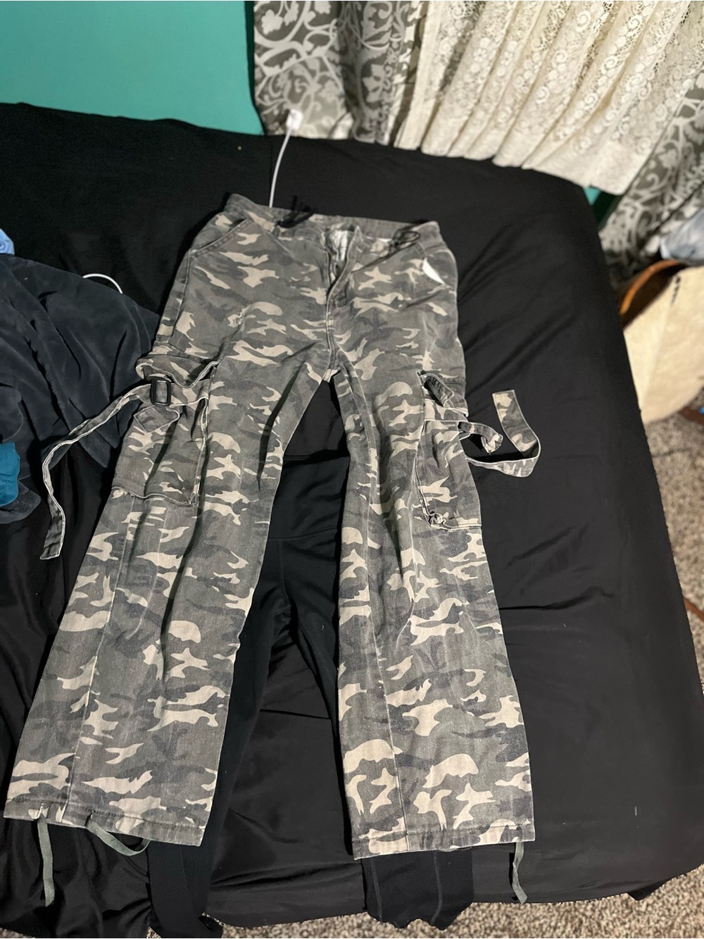 Gray Camo Wide-Leg Flare Jeans with Utility Straps